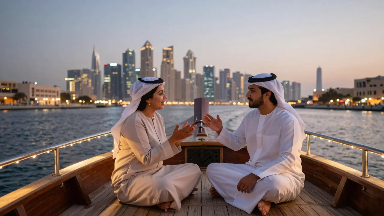 A couple on a private dhow cruise along Dubai Creek at twilight, enjoying the city lights with quiet companionship and cultural ambiance.