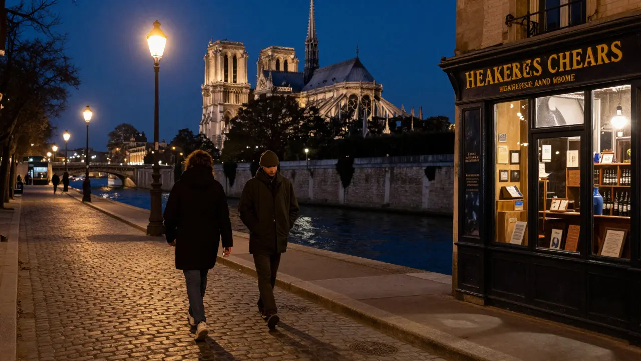 A couple walking along the Seine at night, Notre-Dame glowing, cobblestones reflecting lamplight.