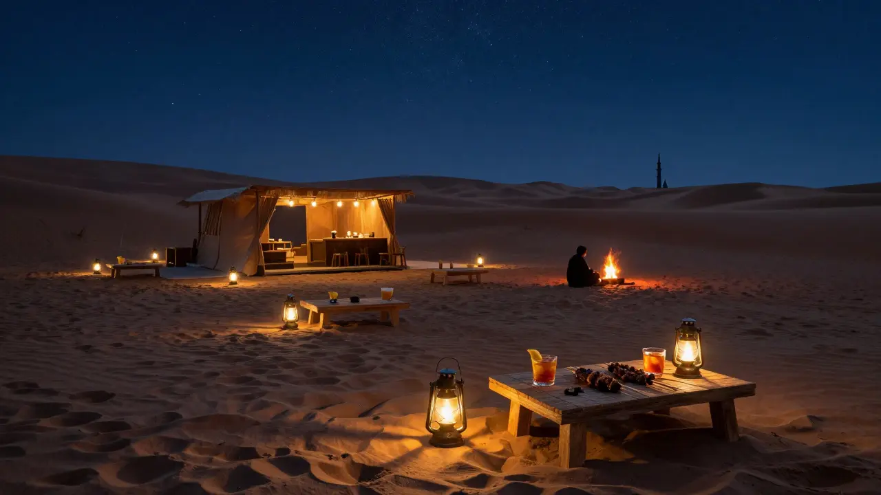 A desert pop-up bar at night with lanterns, fire, and drinks under the stars, silhouetted by a distant minaret.
