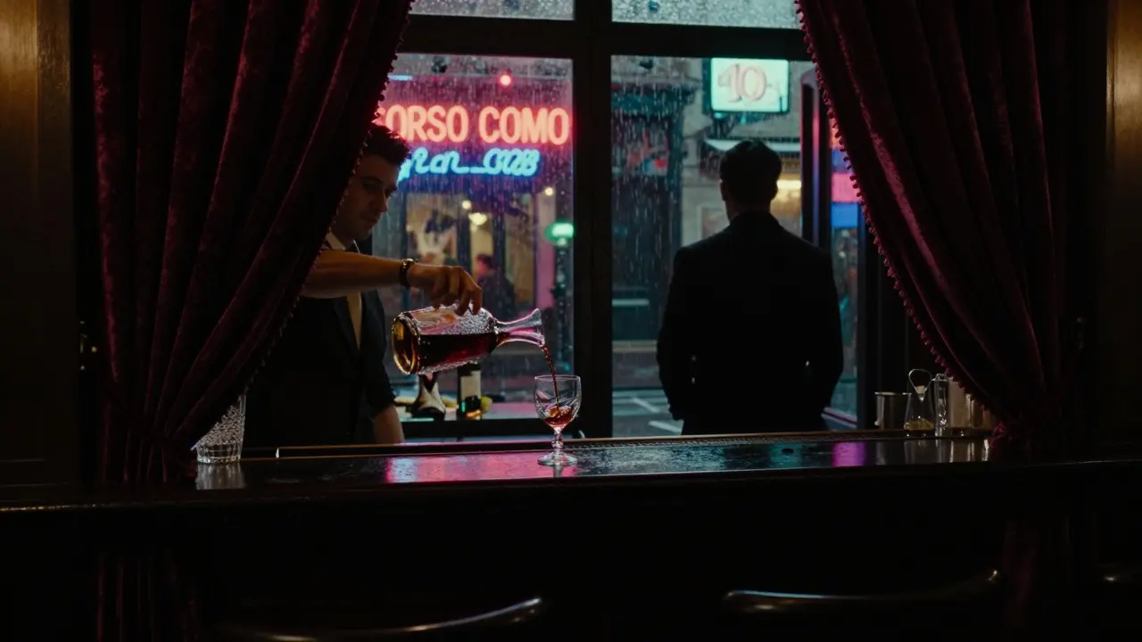 A dimly lit bar at midnight in Milan, with a bartender pouring aged balsamic as neon lights glow through rain outside.