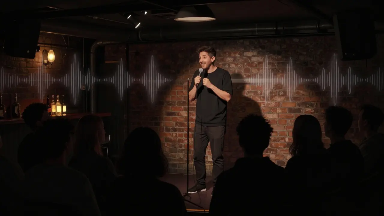 A dimly lit basement comedy venue with a lone performer on stage and shadowed audience members.