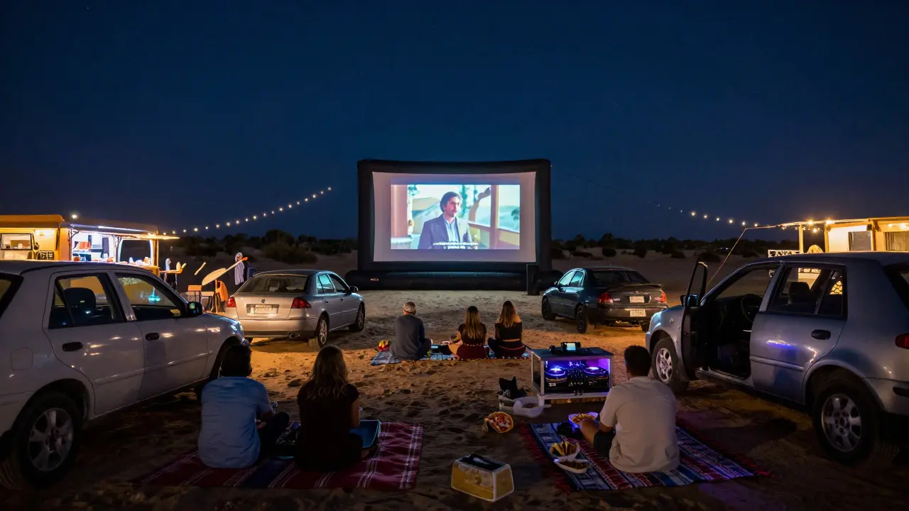 A drive-in movie night under the stars with cars, food trucks, and an inflatable screen glowing in the desert night.