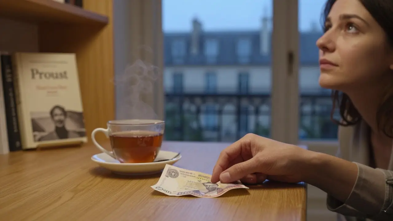 A hand placing money on a counter beside a cup of tea, with a view of Paris rooftops through a window.