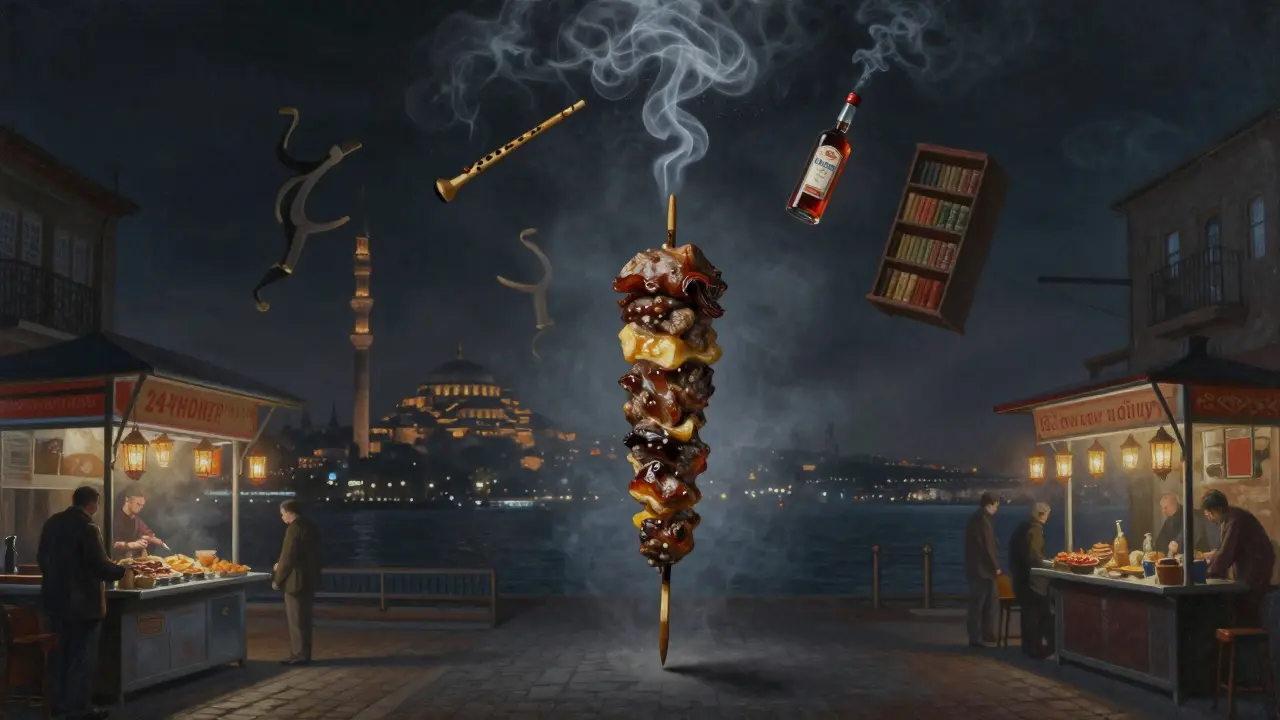 A kebab skewer transforms into symbols of Istanbul’s nightlife—ney flute, dervish, bookshelf, and rakı bottle—rising from misty darkness.