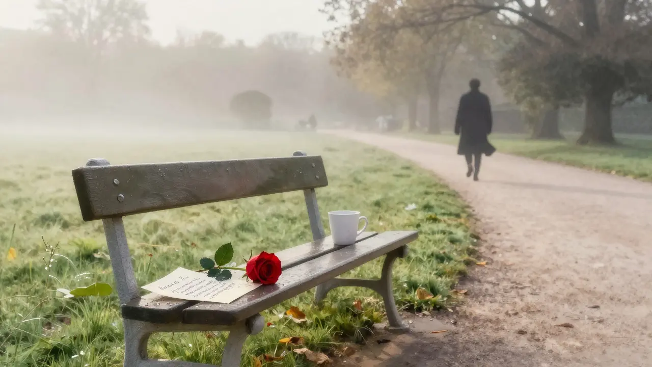 A lone rose and handwritten note on a bench beside Luxembourg Gardens at dawn, misty atmosphere.
