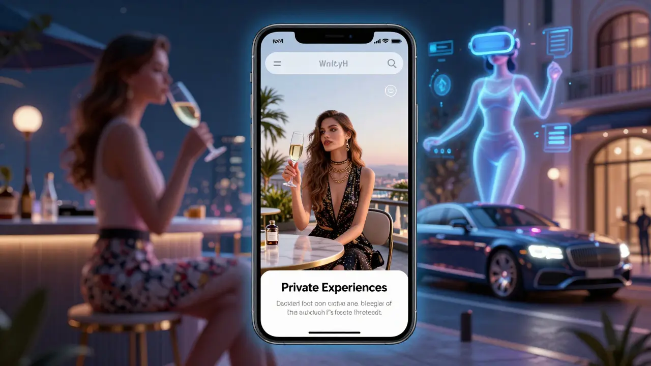 A luxury escort's digital brand showcasing lifestyle content and a virtual reality avatar for private sessions.