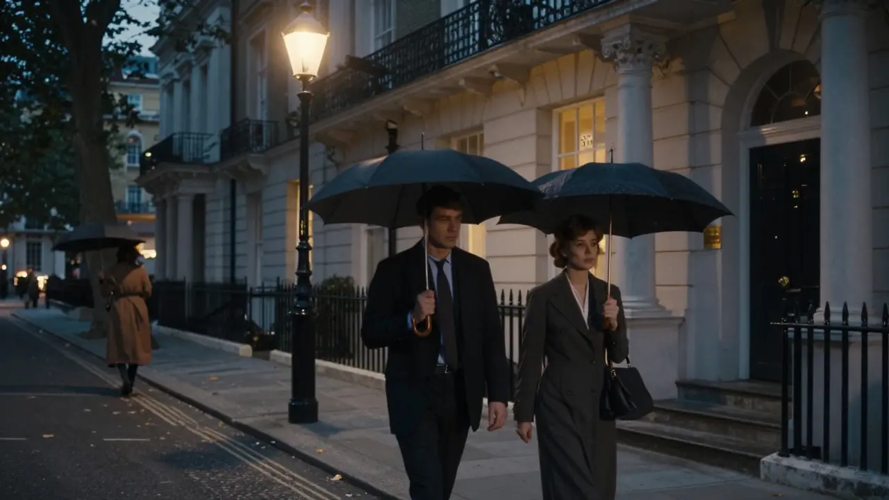 A man and woman walking side by side after a theater show in Belgravia, under streetlamps with umbrellas.