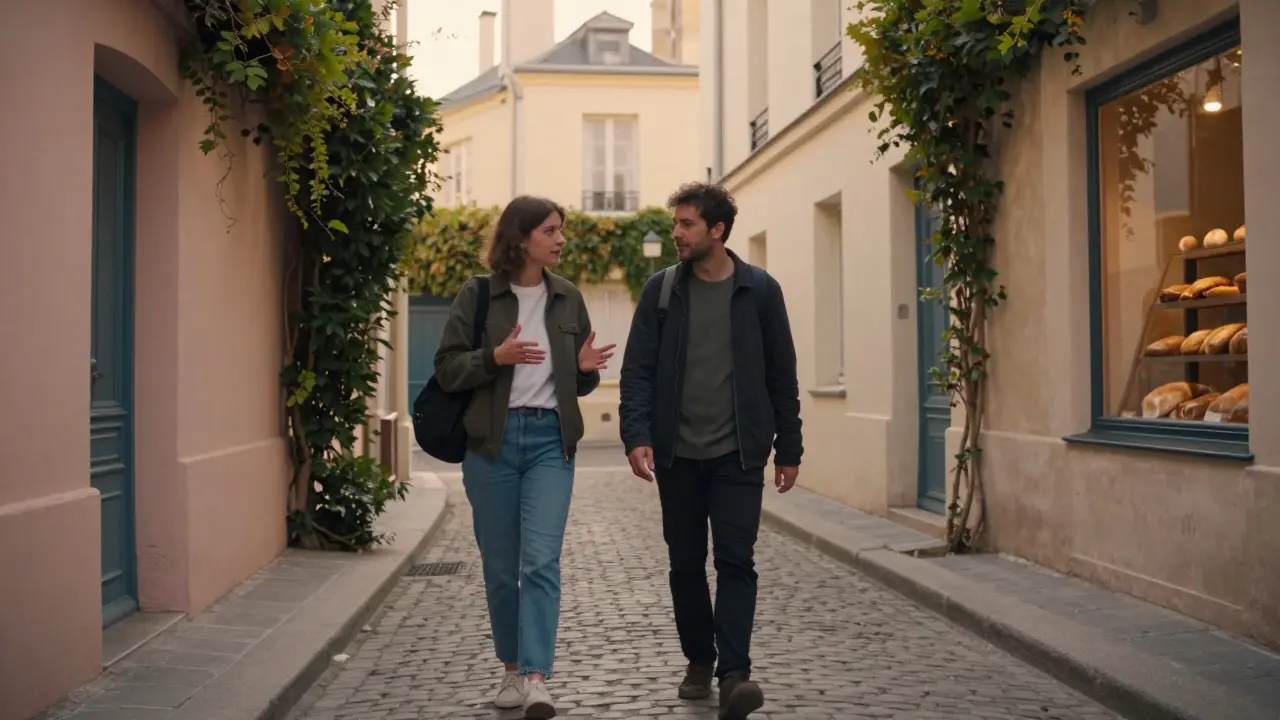 A man and woman walking together through a hidden Parisian alley at golden hour.