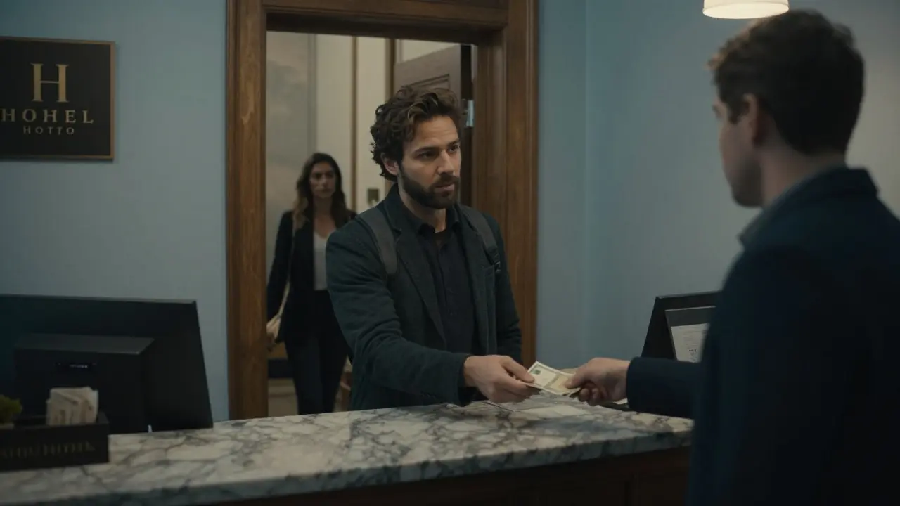 A man checking into a small Milan hotel with cash, no ID required, discreet atmosphere.