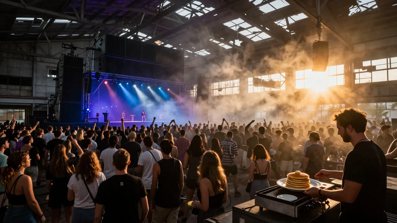 A massive warehouse rave in London at dawn, a crowd dancing under strobe lights while someone serves pancakes from a portable grill.