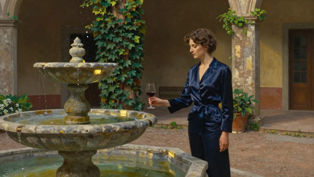 A private moment in Palazzo Serbelloni's courtyard, with a woman offering wine to a guest beside an ancient fountain.