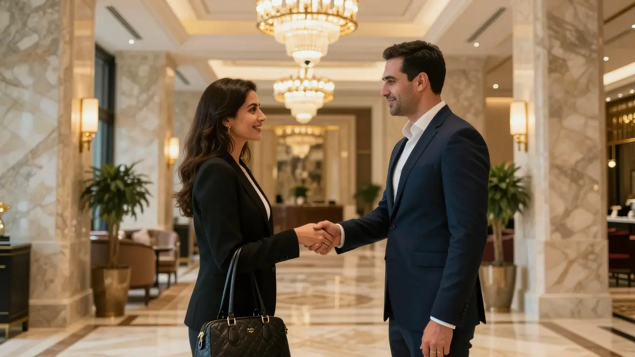 A professional meeting in a luxury Dubai hotel lobby, where a man and woman greet each other discreetly amidst opulent surroundings.