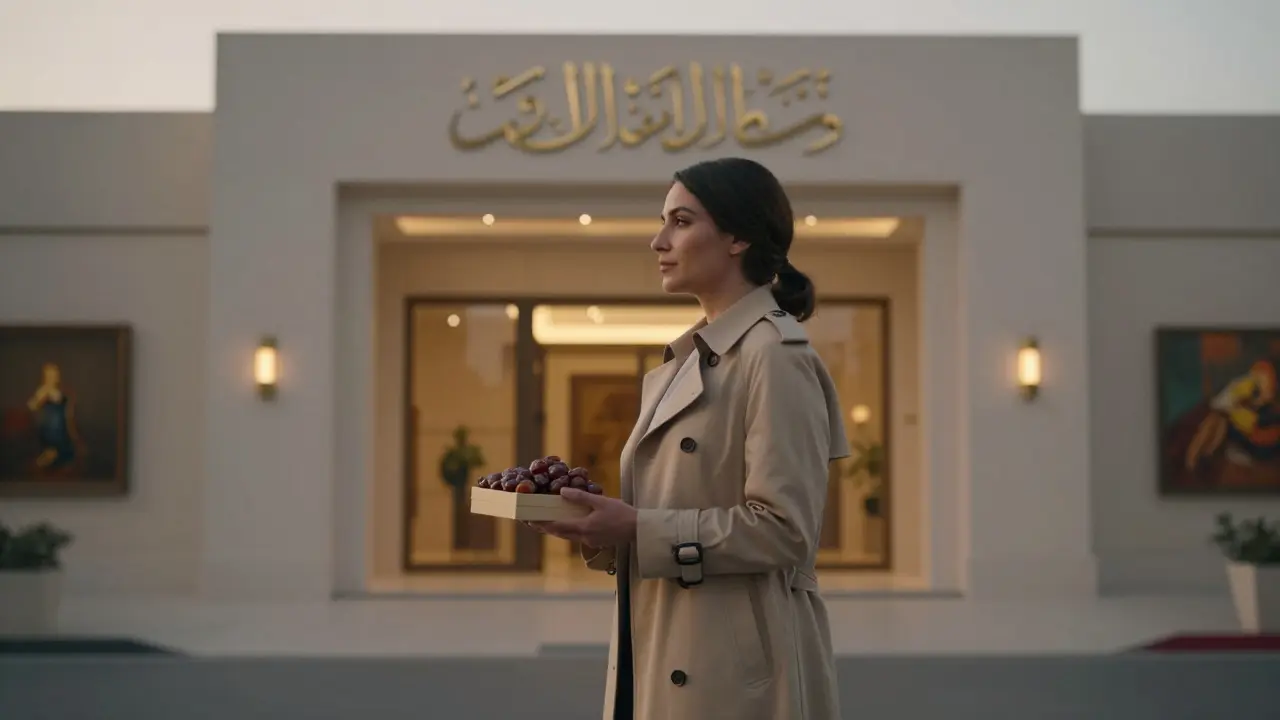 A professionally dressed woman standing outside an art gallery in Abu Dhabi, holding a small gift box, her face softly blurred.