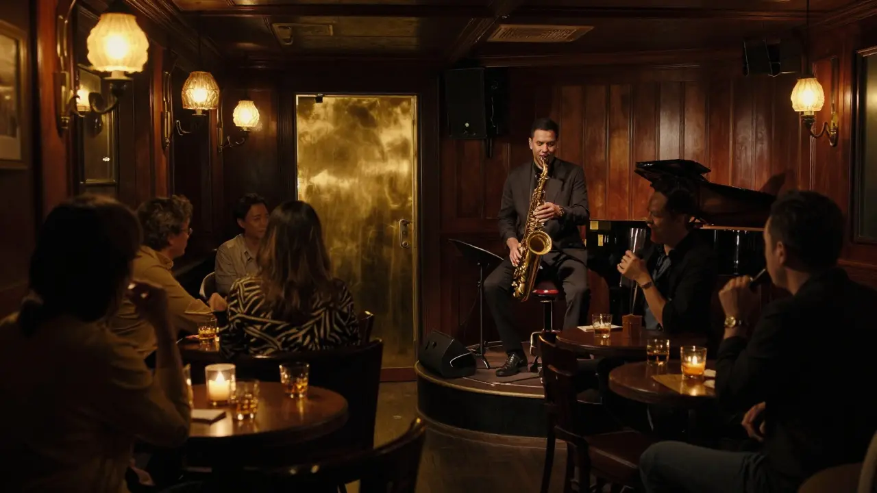 A quiet jazz bar interior with a saxophonist performing under soft lighting while listeners sit in attentive silence.