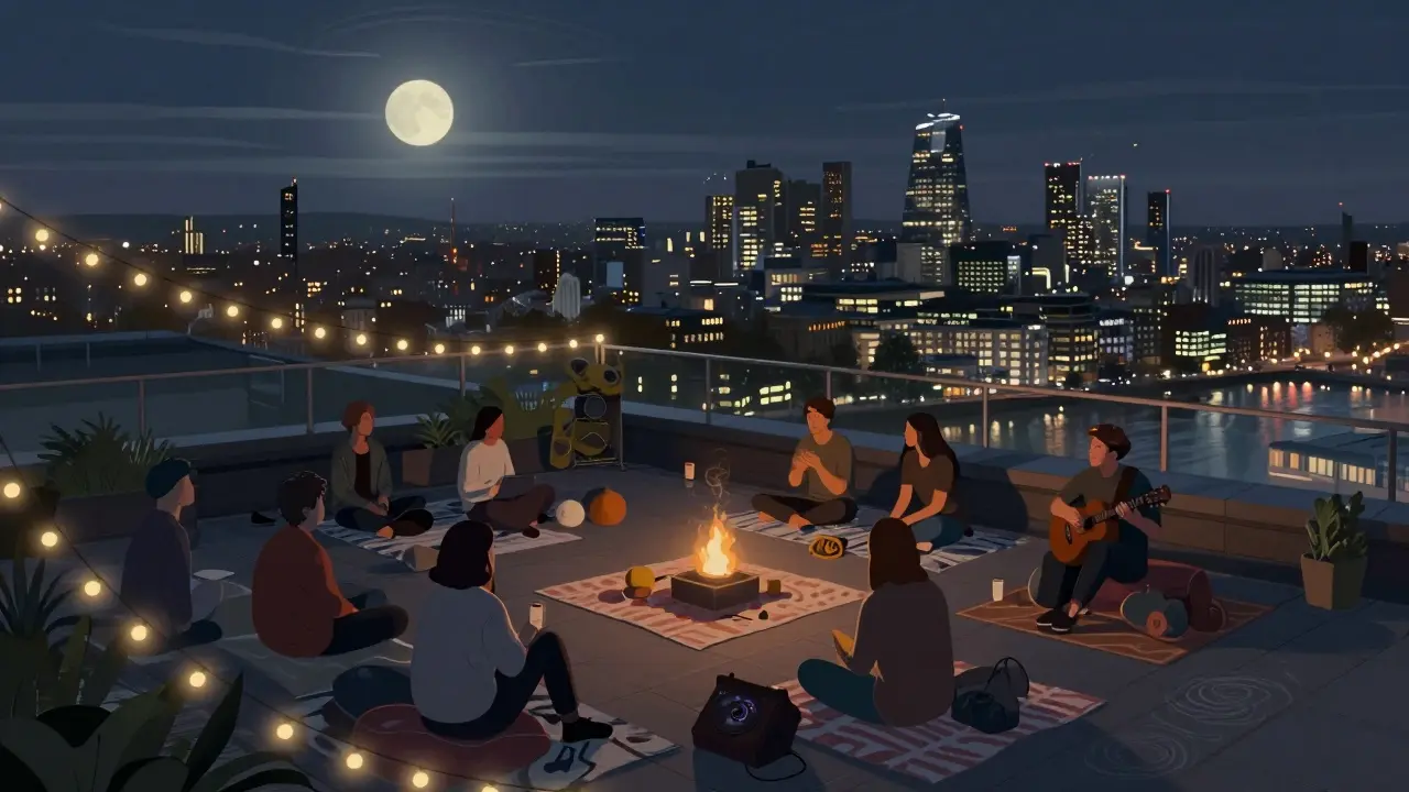 A quiet rooftop gathering in London after dark, people lounging on blankets under soft lights with the city skyline and Thames River below.