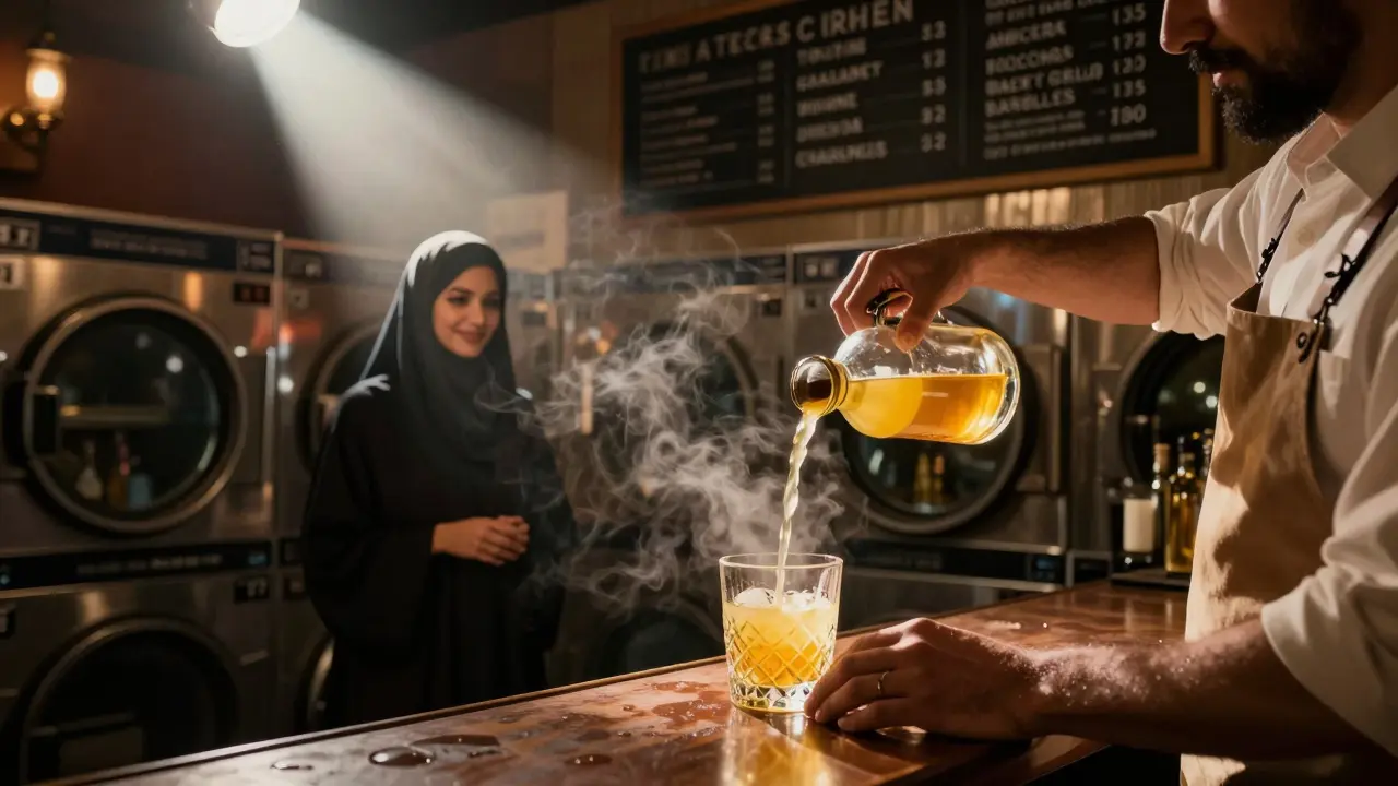 A secret speakeasy hidden behind a laundromat dryer, a bartender serving artisanal drinks under a single warm light.