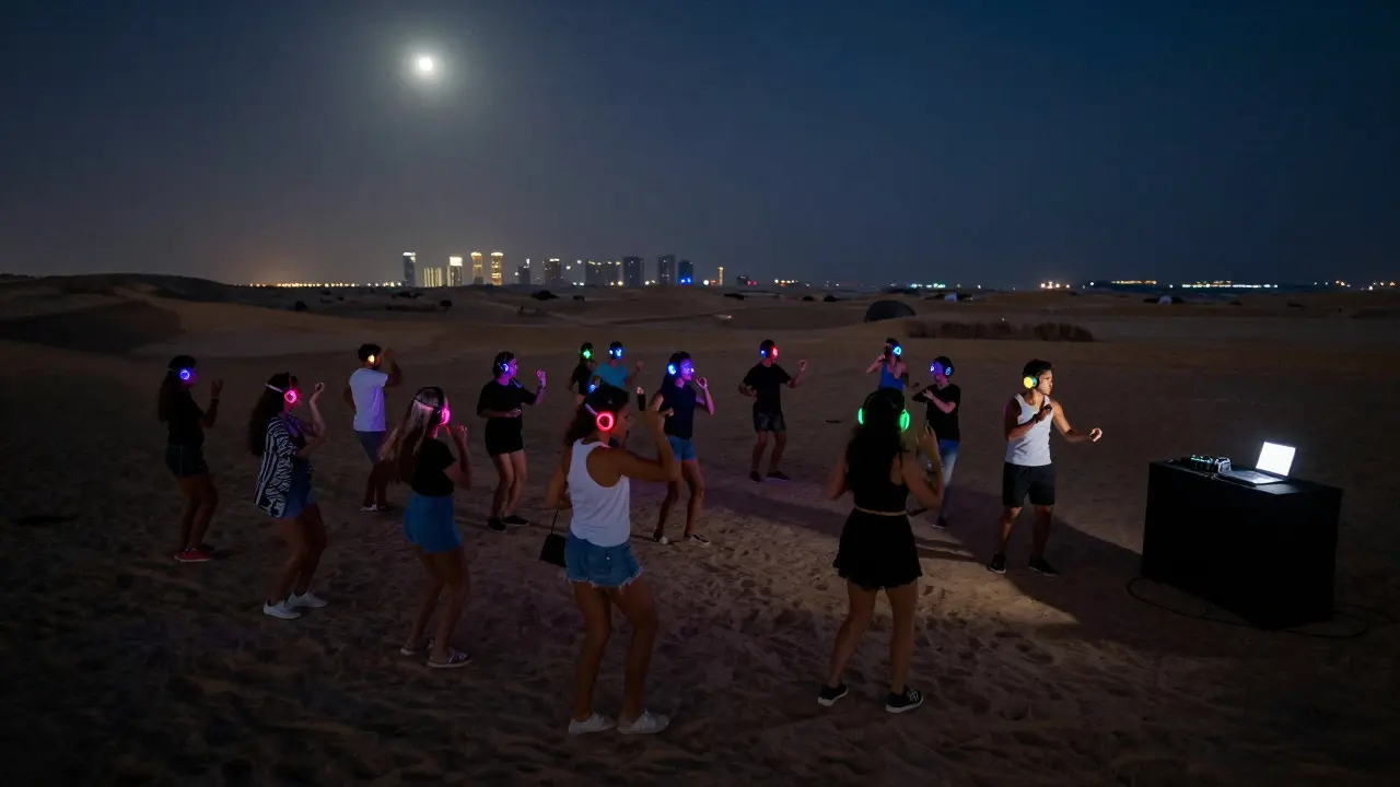A silent disco under the stars on Yas Island, with people dancing in silence while wearing glowing wireless headphones.