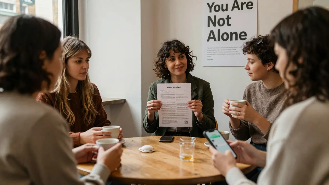 A supportive group of sex workers in London sharing safety resources and stories over tea.