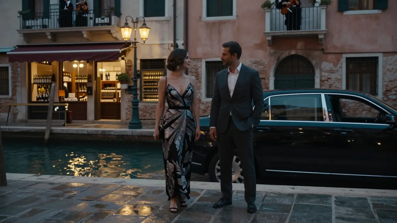 A well-dressed couple walks along Milan's Navigli canal at night, lantern light reflecting on water as a violinist plays in the distance.