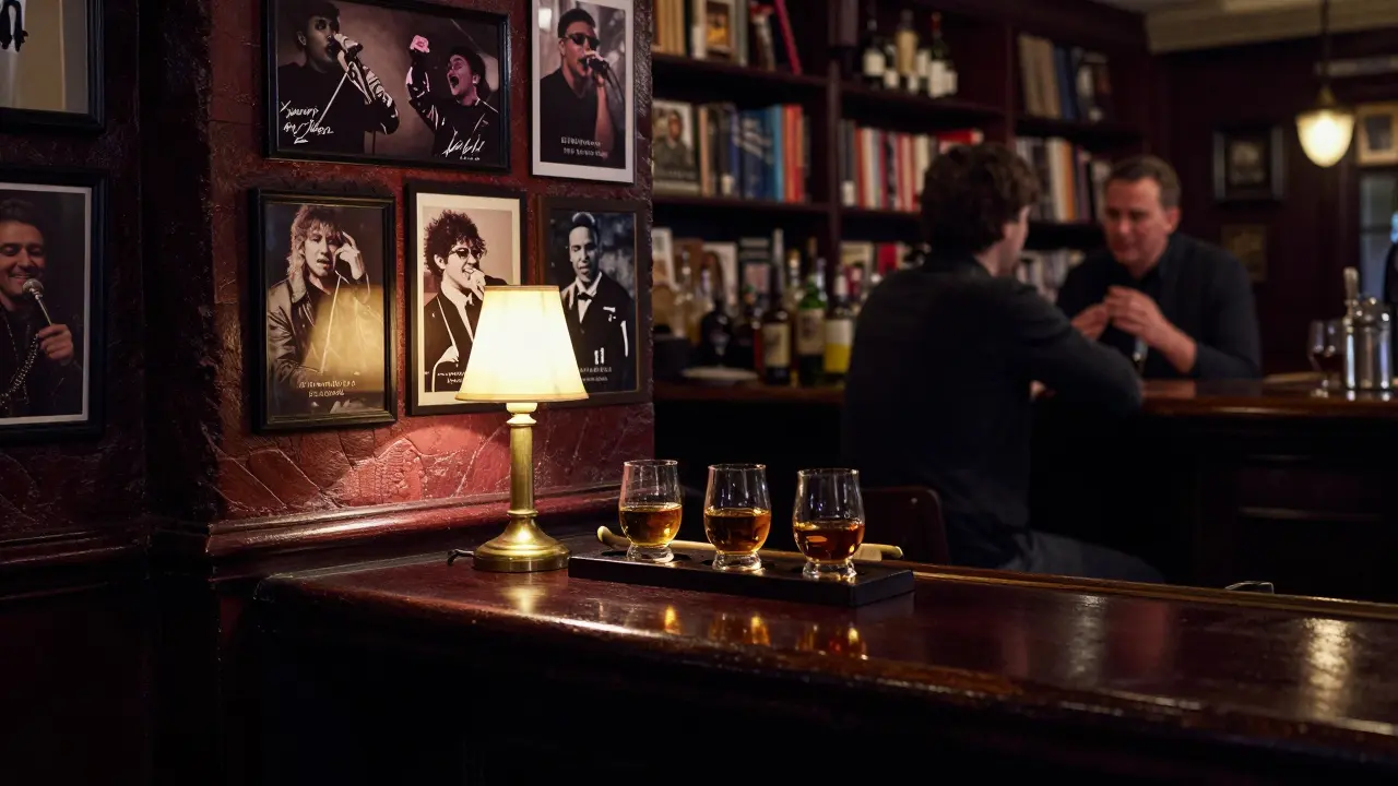 A whiskey flight at a hidden Parisian pub with musician photos on the wall and warm lighting.