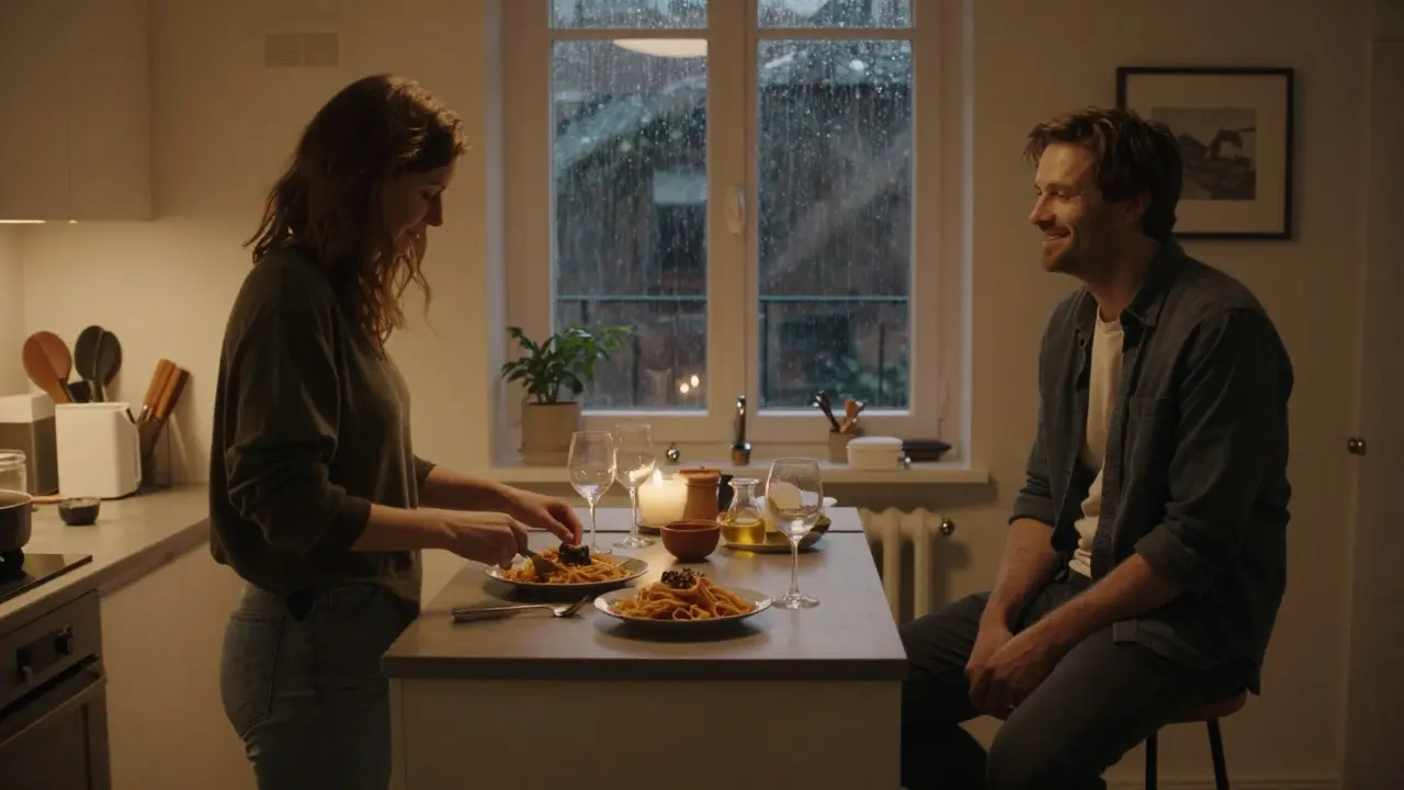 A woman cooking pasta in a cozy Berlin loft while a man watches, candlelight glowing.