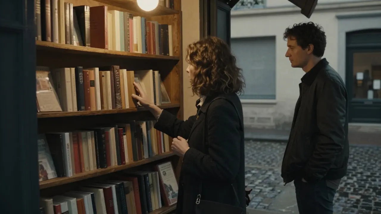 A woman examines books in a hidden Parisian shop, a man watches respectfully in the warm, dusty light.