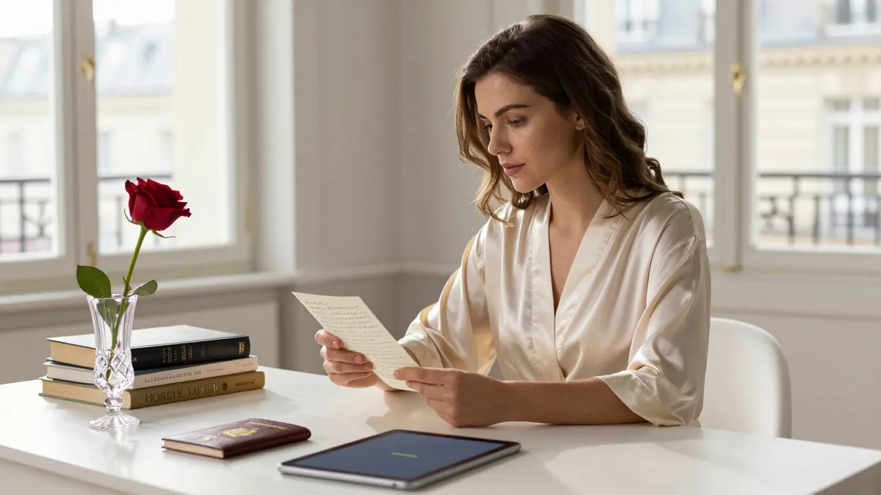 A woman in a silk robe in a sunlit Paris study, surrounded by art books and a single rose, exuding quiet sophistication.