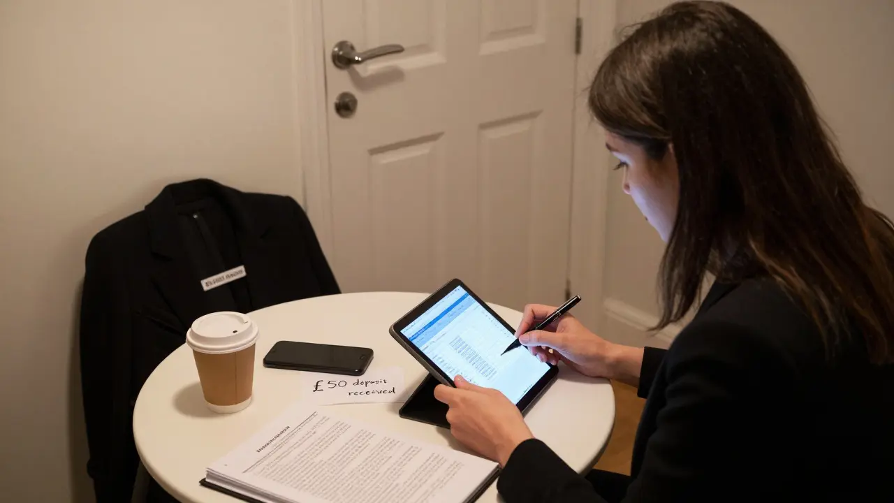 A woman reviewing client ID and deposit confirmation in a private rental space, bag near the door.