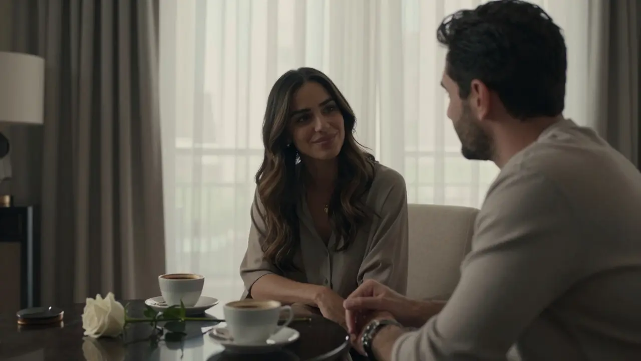 A woman smiling as a man listens intently over coffee, a white rose on the table, warm natural light, quiet intimacy in a luxurious apartment.