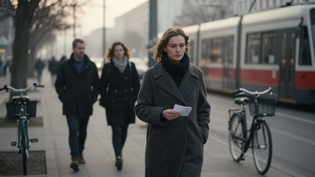A woman walking alone through Tiergarten at dawn, symbolizing quiet human connection.