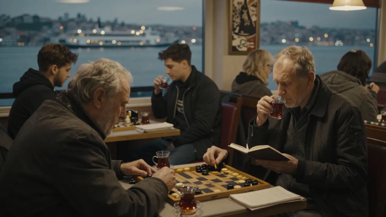 An elderly man playing backgammon while a poet reads aloud in a quiet 24-hour coffee shop at night.