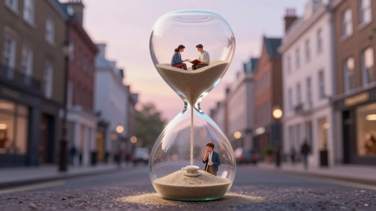 An hourglass with scenes of meaningful companionship floats above Covent Garden.