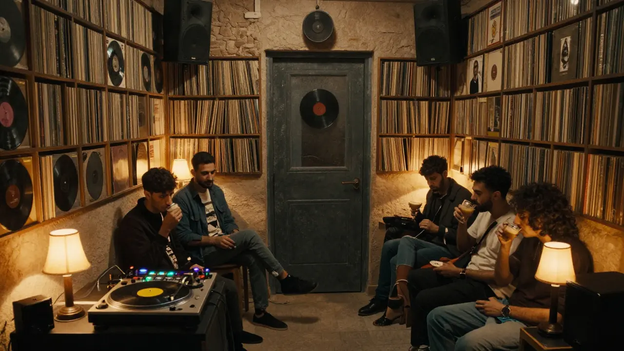 An underground music lounge with vinyl records lining the walls and a DJ spinning rare Middle Eastern tracks.