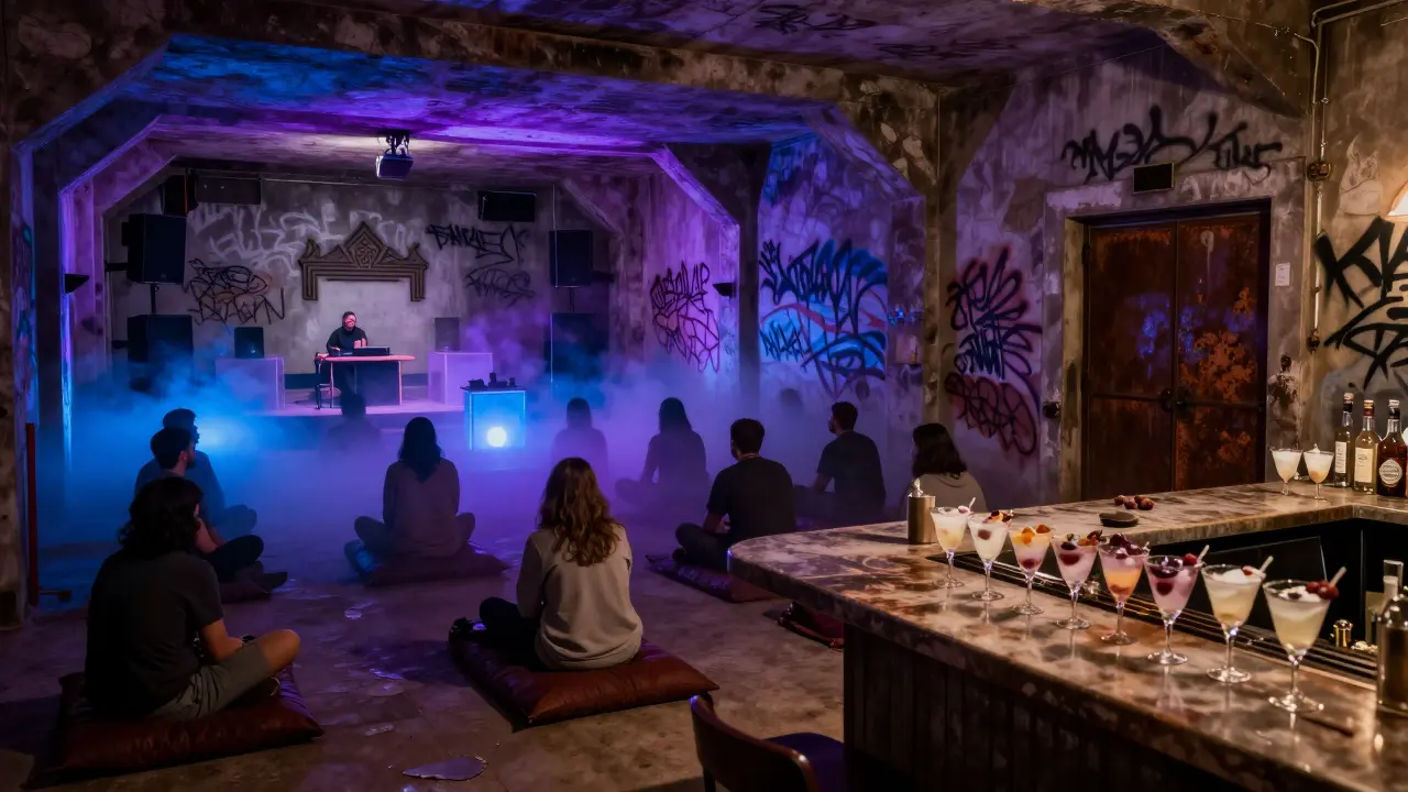 An underground warehouse party with glowing sound booths, people listening to poetry and ambient music on floor cushions at midnight.