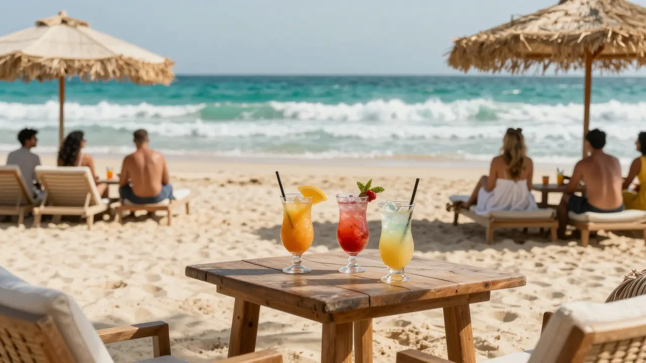 Beachfront venue with tropical drinks and ocean waves, casual attire on sandy shore.