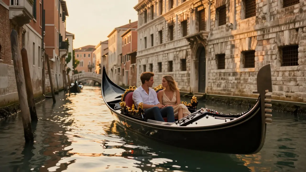 Couple on romantic gondola ride in Milan's Navigli canals at sunset