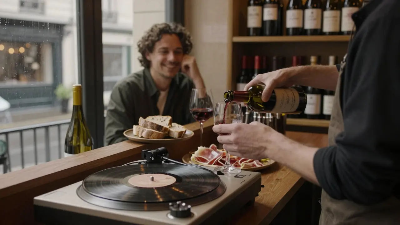 Cozy wine bar at night, bartender pouring wine, vinyl record playing, warm wooden interior with soft light.