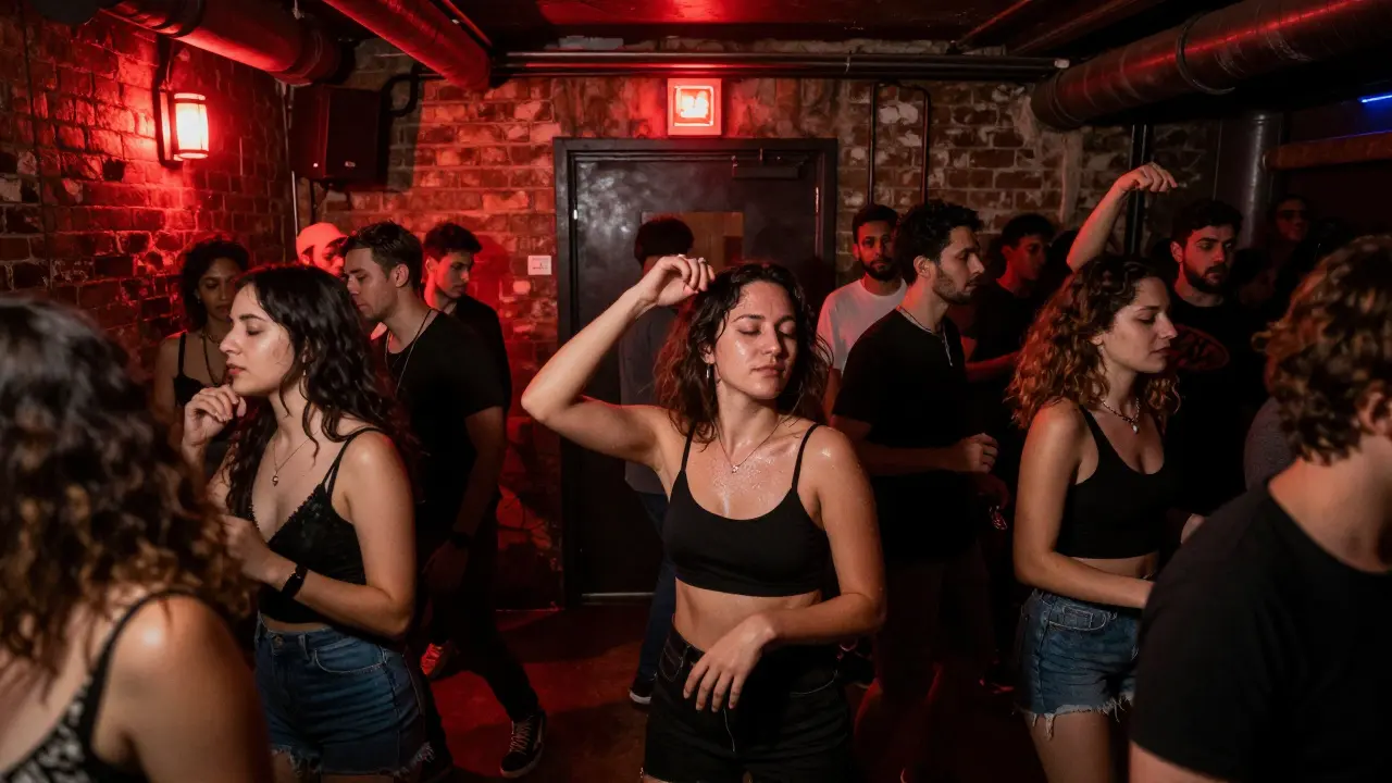 Crowd dancing in the dim, industrial underground club Alcatraz to pulsing techno music.