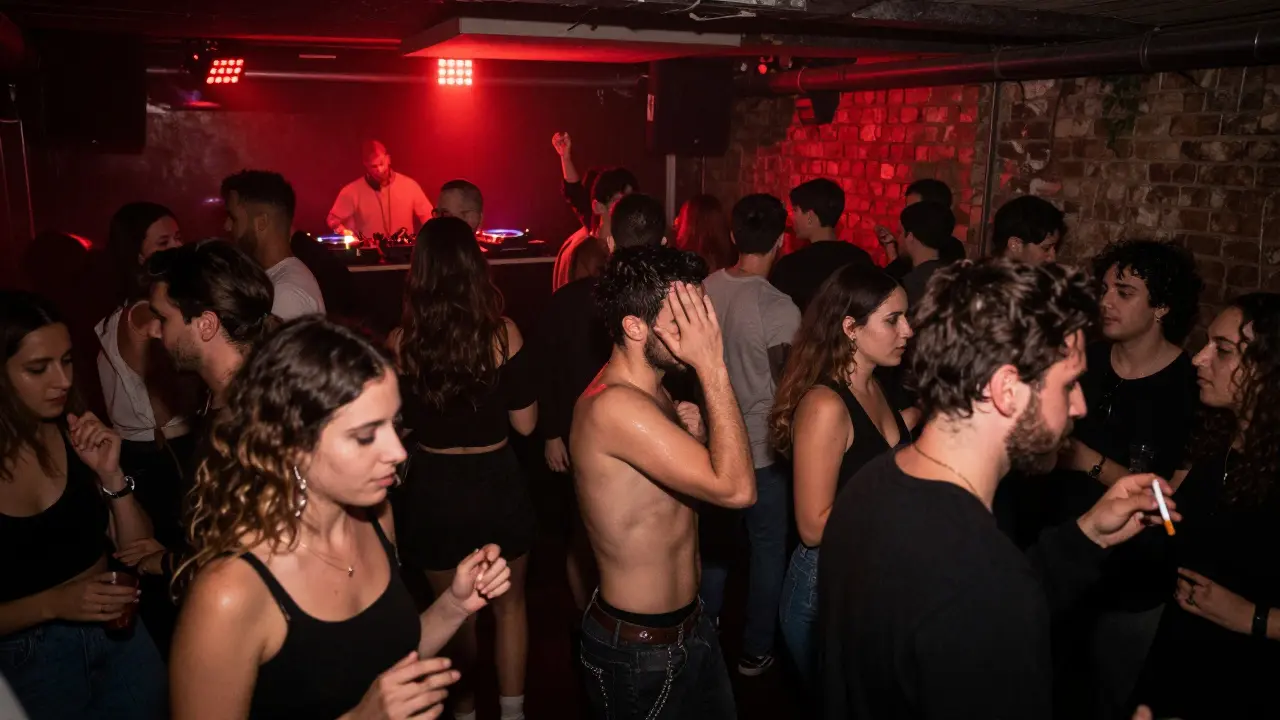 Crowded underground club in Paris, red lighting, people dancing to house music in a basement venue.
