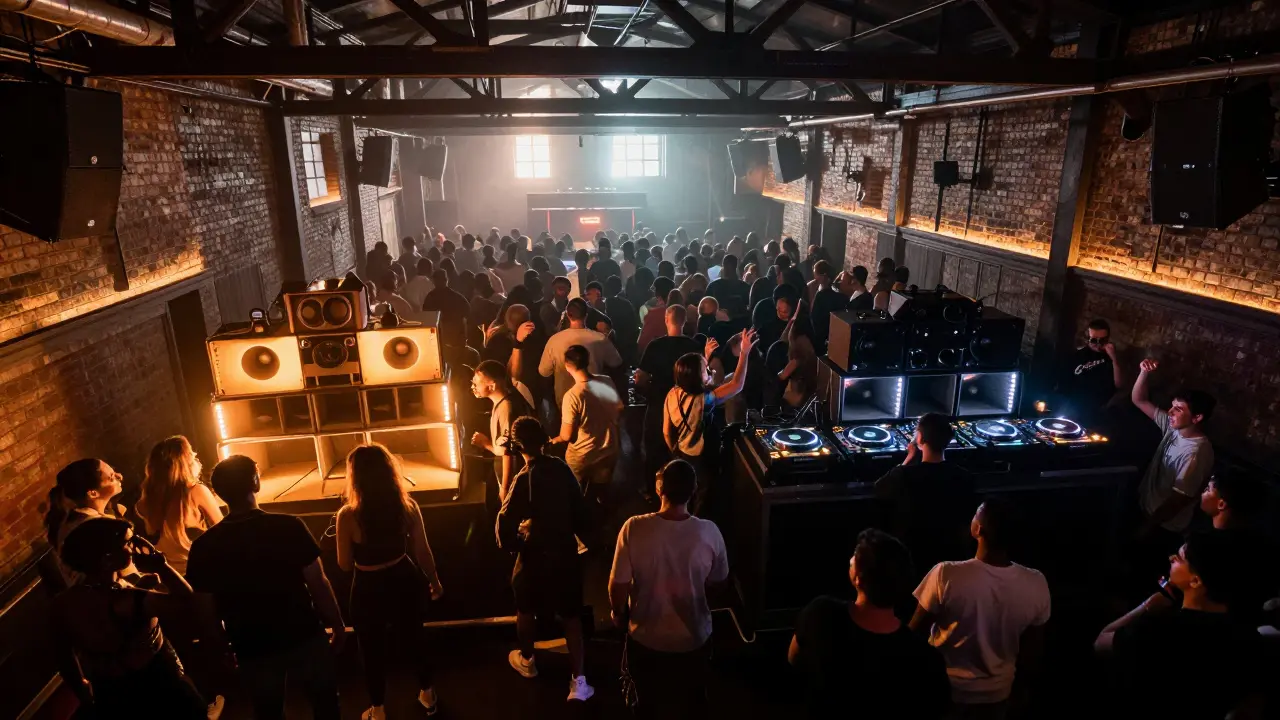 Dancers moving in unison across two rooms of a legendary nightclub with exposed brick and steel beams.
