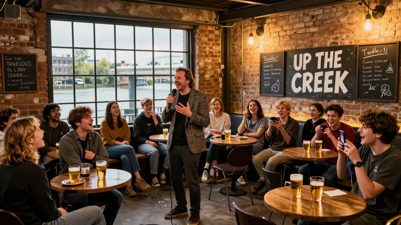Diverse audience laughing in a riverside warehouse comedy club, two comedians performing on stage.