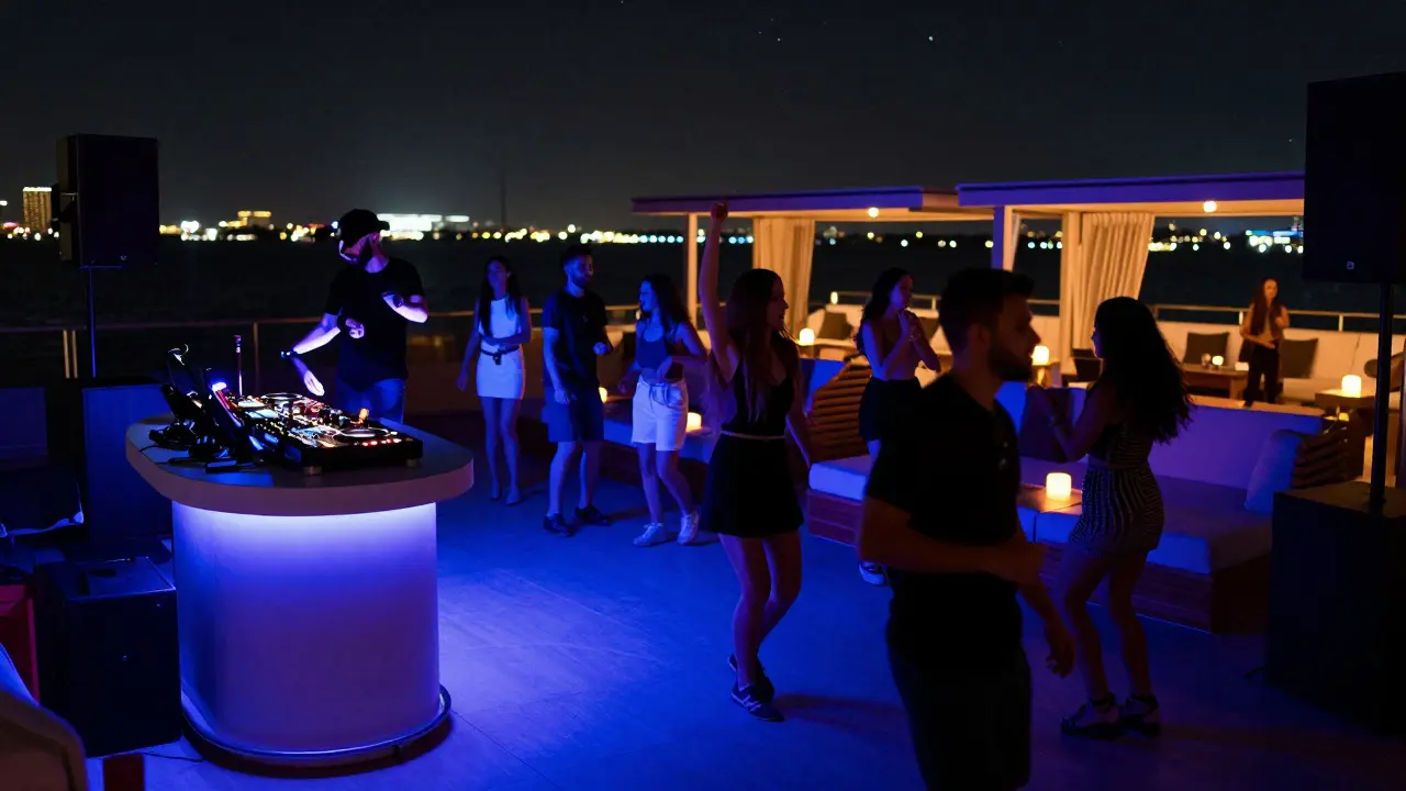 Diverse crowd dancing freely at Yacht Club Abu Dhabi under starlight, with a glowing DJ booth and cabanas in the background.