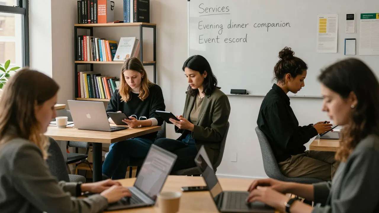 Diverse escorts working in a London co-working space, reviewing bookings and managing their freelance careers.