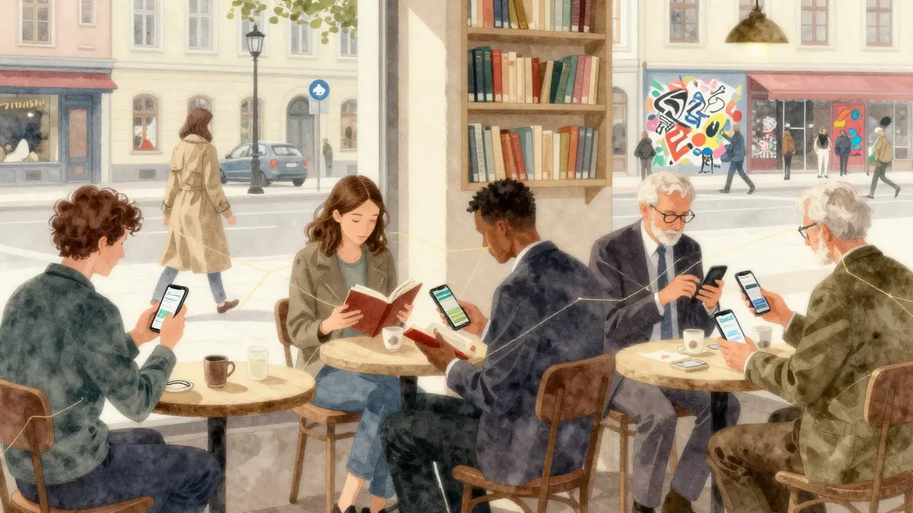 Diverse individuals in Berlin cafes connected by subtle threads to unseen companions, symbolizing emotional bonds.