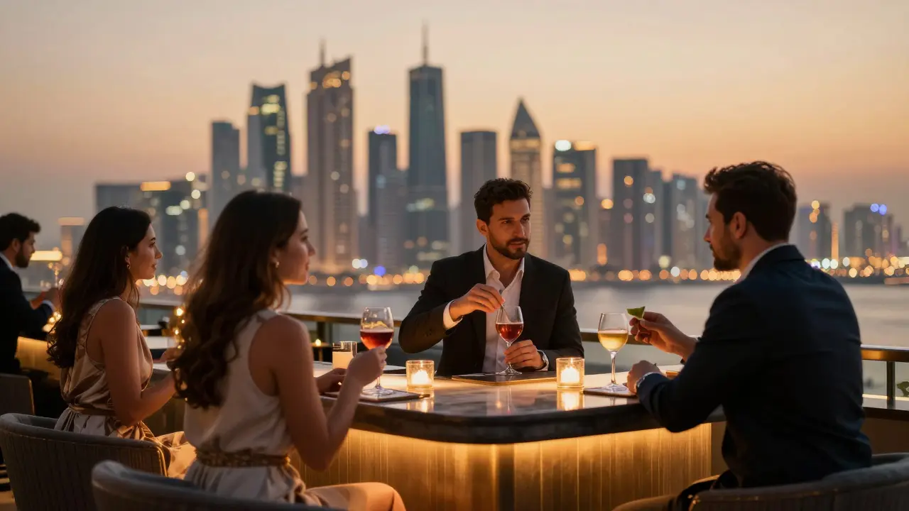 Elegant rooftop bar with city skyline view and guests enjoying drinks.