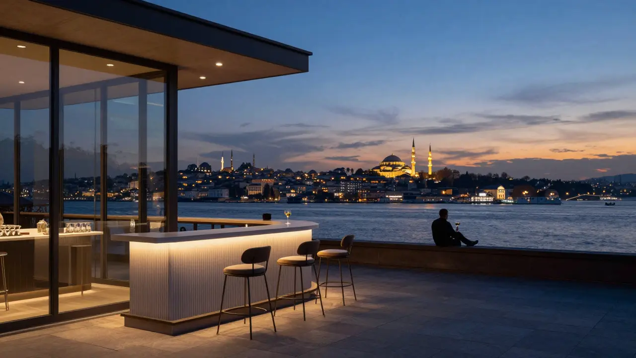 Elegant rooftop view from Çırağan Palace at dusk, showing the Bosphorus and historic skyline in soft twilight.