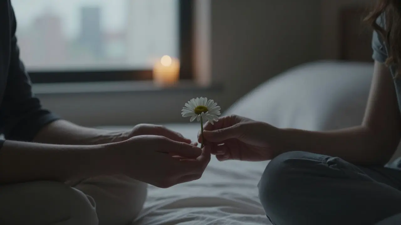 Hands exchanging a single flower in a softly lit room, city lights blurred in the background, no faces shown, emphasizing quiet connection and dignity.
