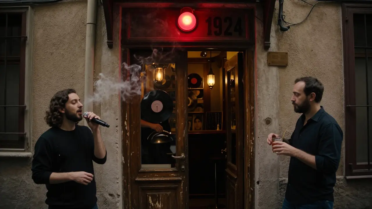 Hidden jazz bar entrance in Karaköy with a single red light and smoke drifting from a wooden door at night.