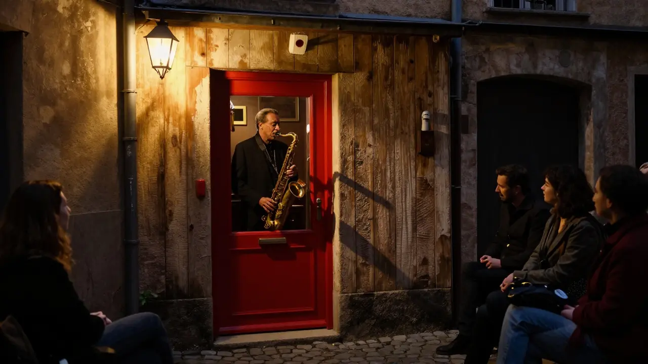 Hidden red door of Le Caveau jazz bar with a saxophonist playing inside, dim lantern light outside.