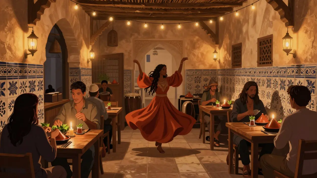 Intimate Moroccan restaurant with candlelight, a belly dancer, and guests enjoying tea and tagine.